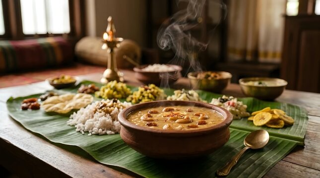 Traditional South Indian Sadhya Feast Served on a Fresh Banana Leaf Featuring Steaming Hot Sweet Payasam Pudding with Cashews and Raisins, Rice, and Assorted Vegetarian Curries in a Warm Setting.