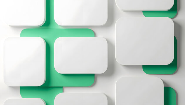 Modular white rectangular tiles with green accents. Clean presentation template and graphic layout. Floating rounded geometric boards forming a modern creative backdrop