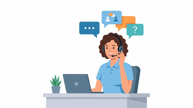 Customer service representative with headset and laptop assisting clients with communication bubbles