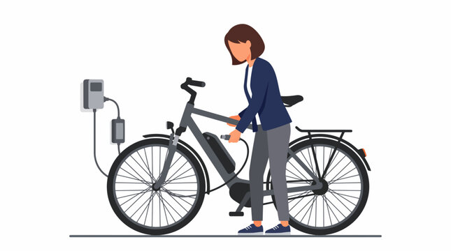 Woman charging an electric bicycle with a wall charger on a white background
