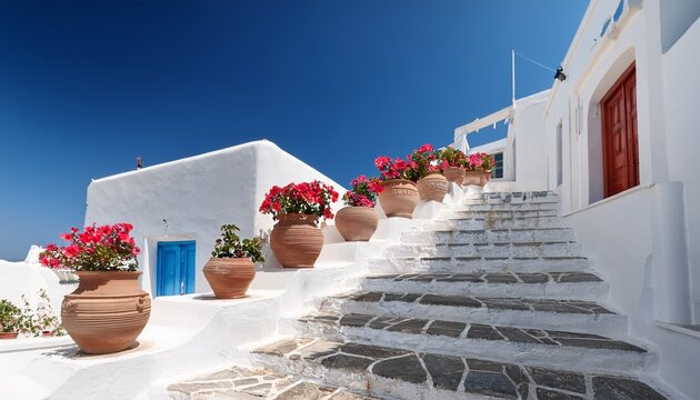 flower pots on a staircase of a white building paros greece