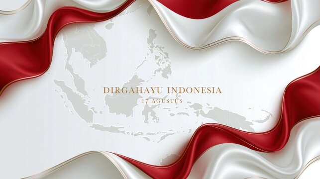 Waving indonesian national flag framing a faint map of the archipelago with text 'dirgahayu indonesia 17 agustus 1945'