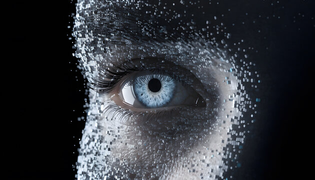 Digital human eye dissolving into cybernetic pixel particles. Biometric facial recognition and artificial intelligence vision. Cyber system scanning human identity with data voxels