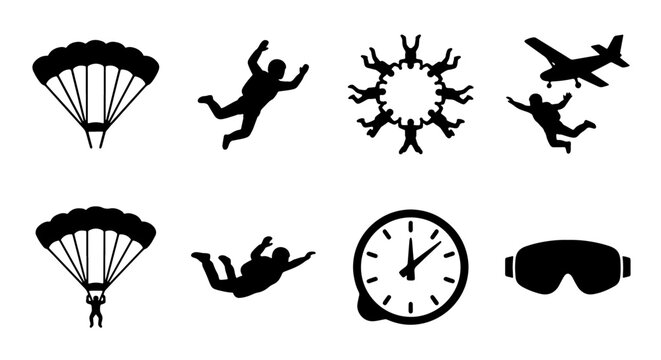 Skydiving Icons Set: Parachutes, Jumpers, Airplane, Clock, Goggles, Group Formation Vector Graphics