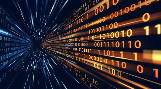 Abstract digital tunnel of binary code flowing at high speed representing data transfer technology and information flow with glowing orange and blue lines.