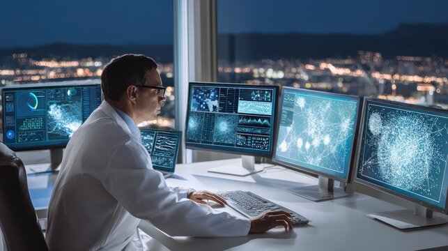 Man working on computer with multiple screens displaying data and charts