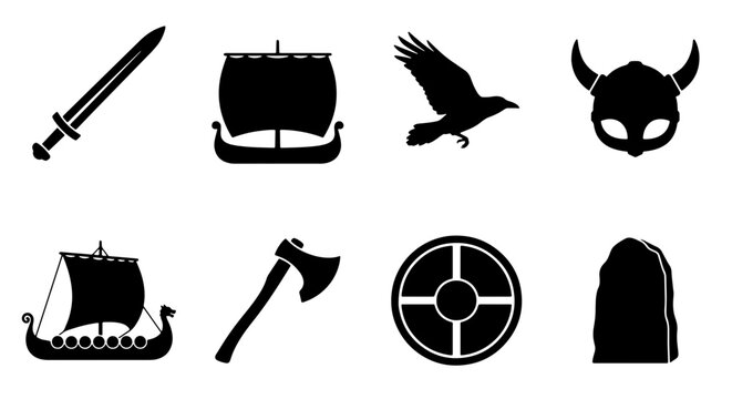 Viking Symbols Set: Longship, Axe, Sword, Helmet, Raven, Shield, Rune Stone Icons
