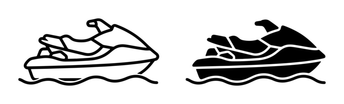 Jet Ski Icons, Personal Watercraft Vector Graphics, Water Sports Symbols, Outline and Silhouette Designs for Summer Recreation and Aquatic Adventure