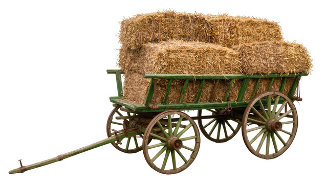 Green wooden hay cart loaded with rectangular straw bales, isolated on transparent background