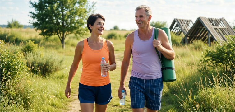 Two middle-aged adults enjoy a walk outdoors, embodying healthy aging and active lifestyle together.