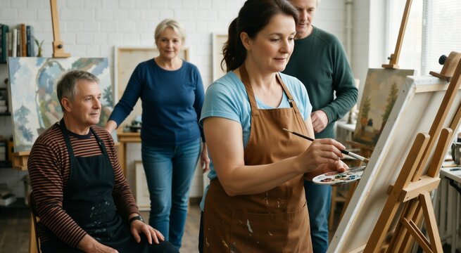 Modern seniors engaging in art therapy in a bright studio, promoting active aging and creativity.