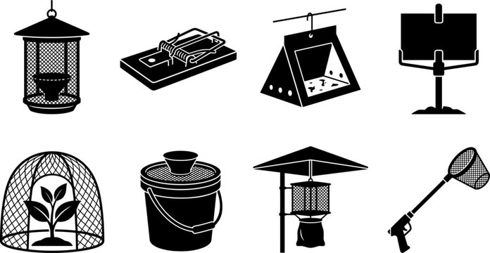 Black silhouette vector icon set of pest control traps and insect extermination equipment