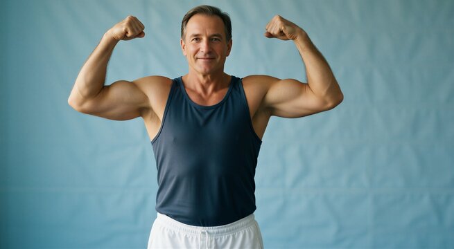 Fit senior man demonstrating strength and vitality, embodying active aging lifestyle with a confident pose.