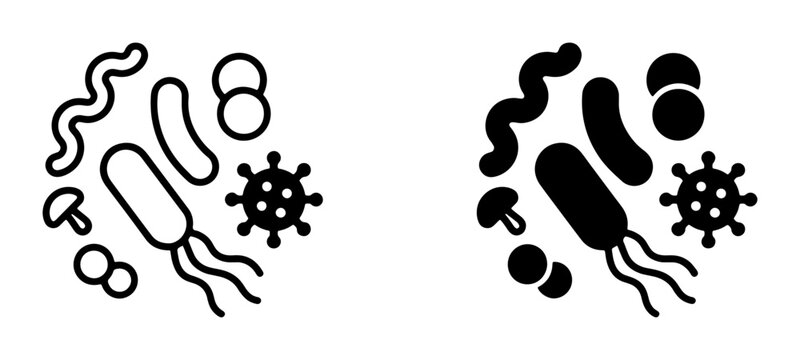 Microbiology Icons Set, Bacteria and Virus Vector Graphics, Microorganism Collection