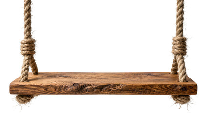 Rustic wooden swing seat with thick rope hangers, isolated on transparent background © Iura