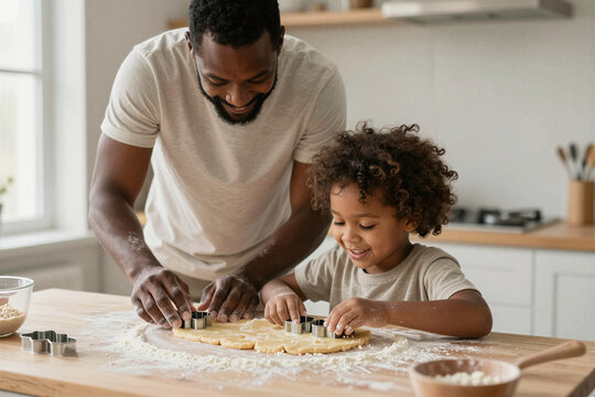 Father and son pressing cookie cutters into rolled dough