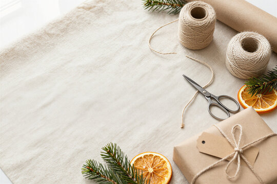 Flat lay of gift wrapping supplies with kraft paper and twine