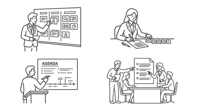 Business Meeting and Presentation Collage: A collage of four illustrations depicting different aspects of business and corporate meetings, including a man presenting a storyboard.