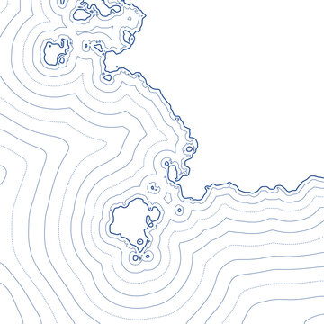 Nautical chart of an irregular coastline with widening depth contours and islands, transparent background