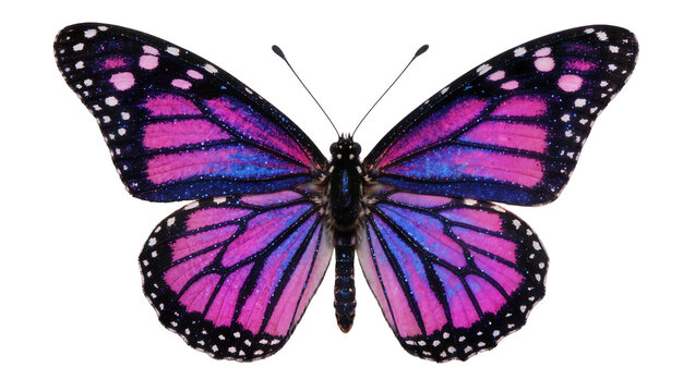 Vibrant pink and blue butterfly with black spots, isolated on transparent background