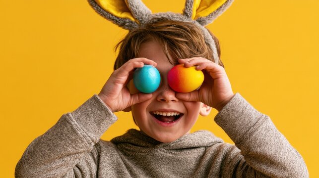 Happy child wearing bunny ears holding colorful Easter eggs covering eyes with joyful smile on vibrant yellow background