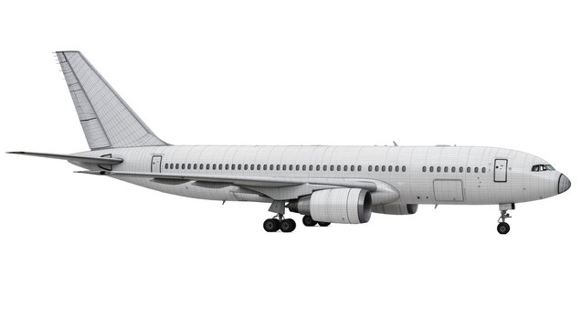 White passenger jet airplane with detailed wireframe mesh, isolated on transparent background