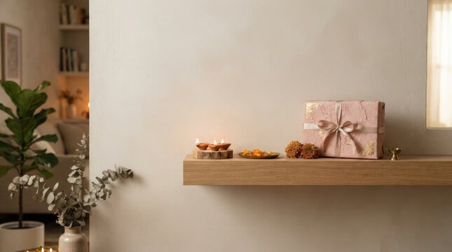 Wooden shelf with clay oil lamps and pink gift box on beige wall for diwali festival celebration home interior decor.