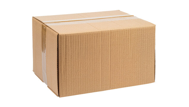 Brown corrugated cardboard box sealed with clear tape, isolated on transparent background