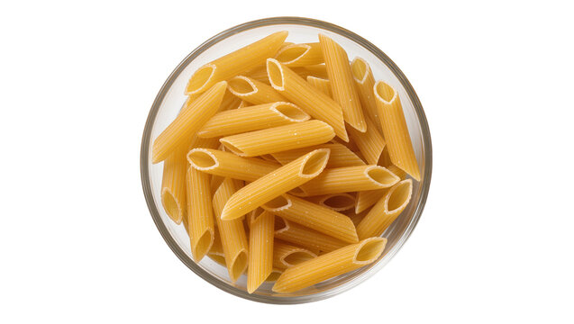 Golden penne pasta tubes in a clear glass bowl, isolated on transparent background