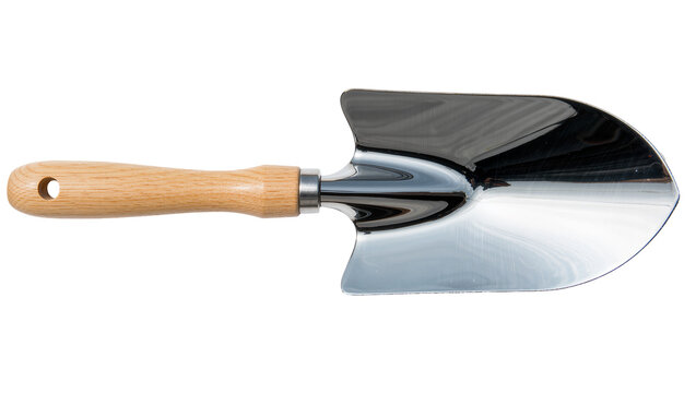 Shiny metal trowel with smooth wooden handle, isolated on transparent background
