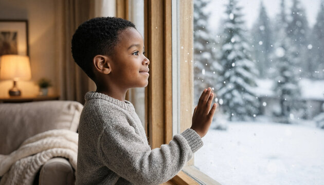 Young boy touches a window while looking at snow-covered evergreen trees outside a cozy home. Winter wonder and childhood curiosity concept.