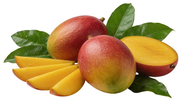 Ripe red and yellow mangoes with green leaves, sliced mangoes isolated on transparent background