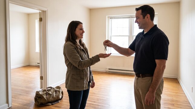 Tenant receives apartment keys from property manager