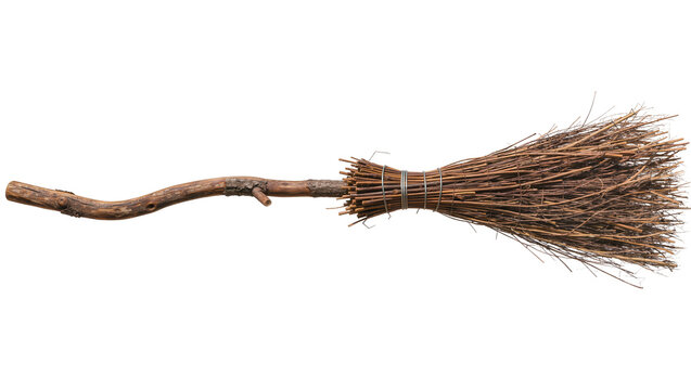 Rustic twig broom with natural wood handle, isolated on transparent background