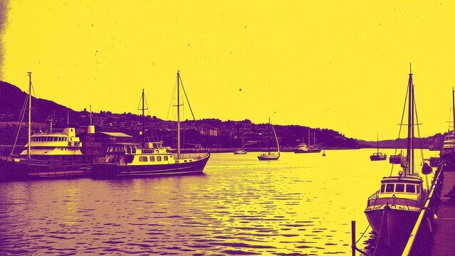 Vintage Duotone Harbor View with Boats