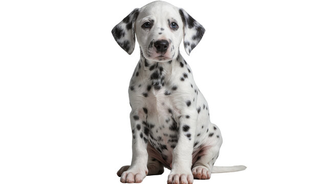 Young Dalmatian puppy with black spots sitting attentively, isolated on transparent background