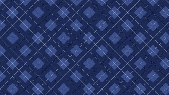 Seamless scrolling navy argyle diamond pattern, looping animated background for video titles and streams, 4K 58 seconds