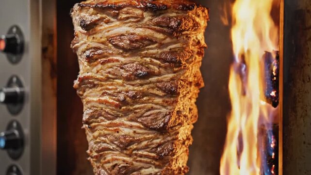 Vertical meat skewer roasting over open fire flames