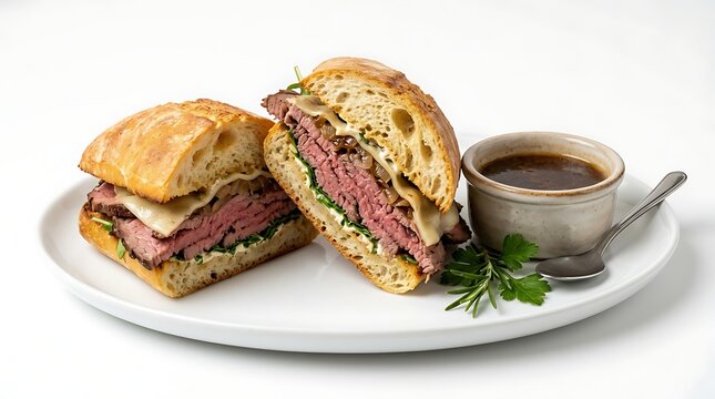 Delicious roast beef sandwich with au jus on white plate