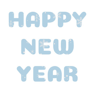 Blue winter lettering Happy New Year filled with white snowflakes isolated on transparent or white background for greeting card design