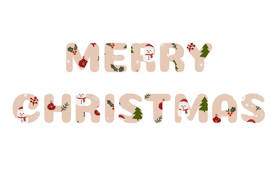 Beige lettering Merry Christmas patterned with cute snowmen and ornaments isolated on transparent or white background for festive card design