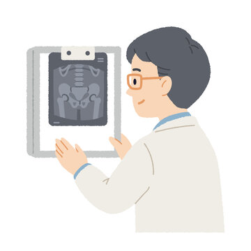 Doctor looking at X-ray scan vector. Medicine cartoon vector illustration with rough edge