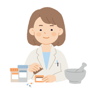 Female pharmacist working with medicine bottles, pills, and mortar with pestle. Grungy flat vector illustration