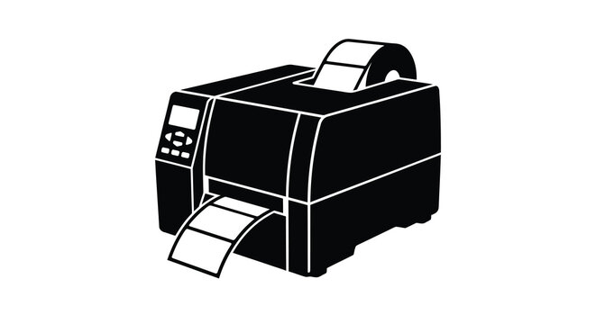 Thermal label printer with paper roll is shown in black silhouette