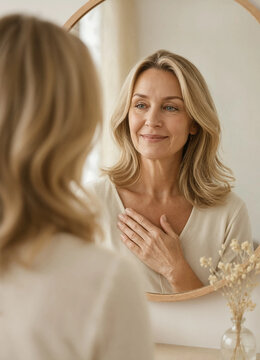 Middle-aged woman smiles at her reflection in a round mirror at home, touching her chest with a calm, confident expression.