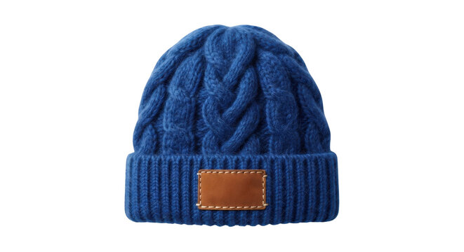 Blue winter beanie hat with leather patch label