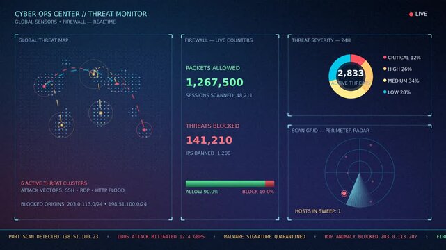 Cybersecurity operations center dashboard with global threat map, firewall traffic counters and severity analytics, animated data visualization