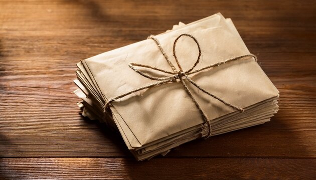 stack of vintage style envelopes tied with string on a wooden table