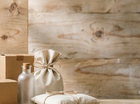 Eco Friendly Packaging with Burlap Bags and Glass Bottle on Rustic Wood Background for Sustainable Branding