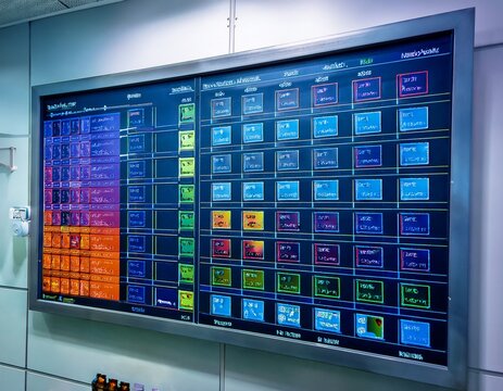 modality allocation board displaying a color coded weekly schedule mounted on a control room wall medical imaging radiology stock photo